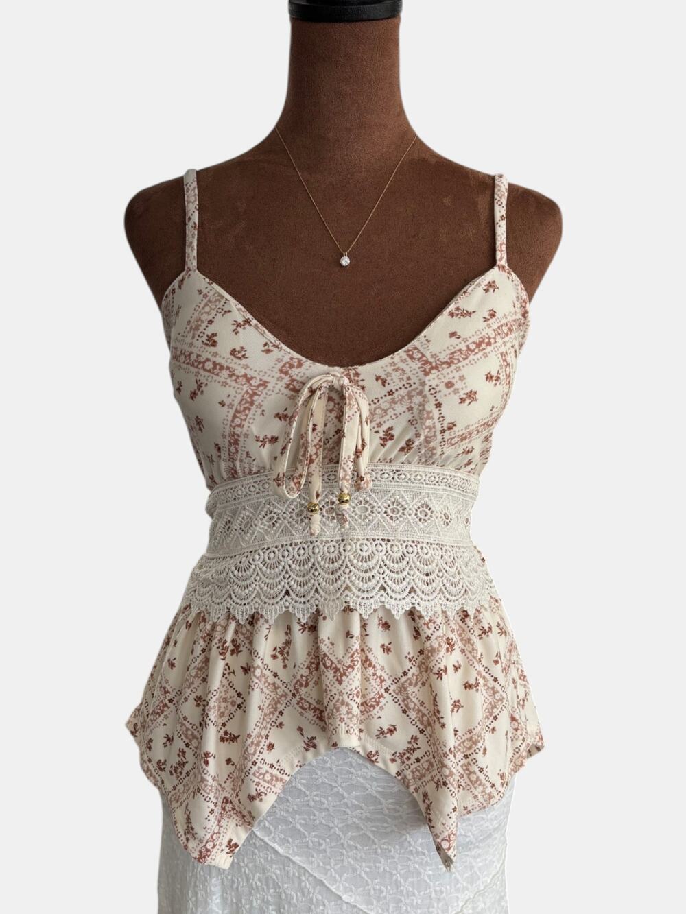 Y2K Style Derek Heart Babydoll Flowy Boho Top Handkerchief Hem Summer Cami Small